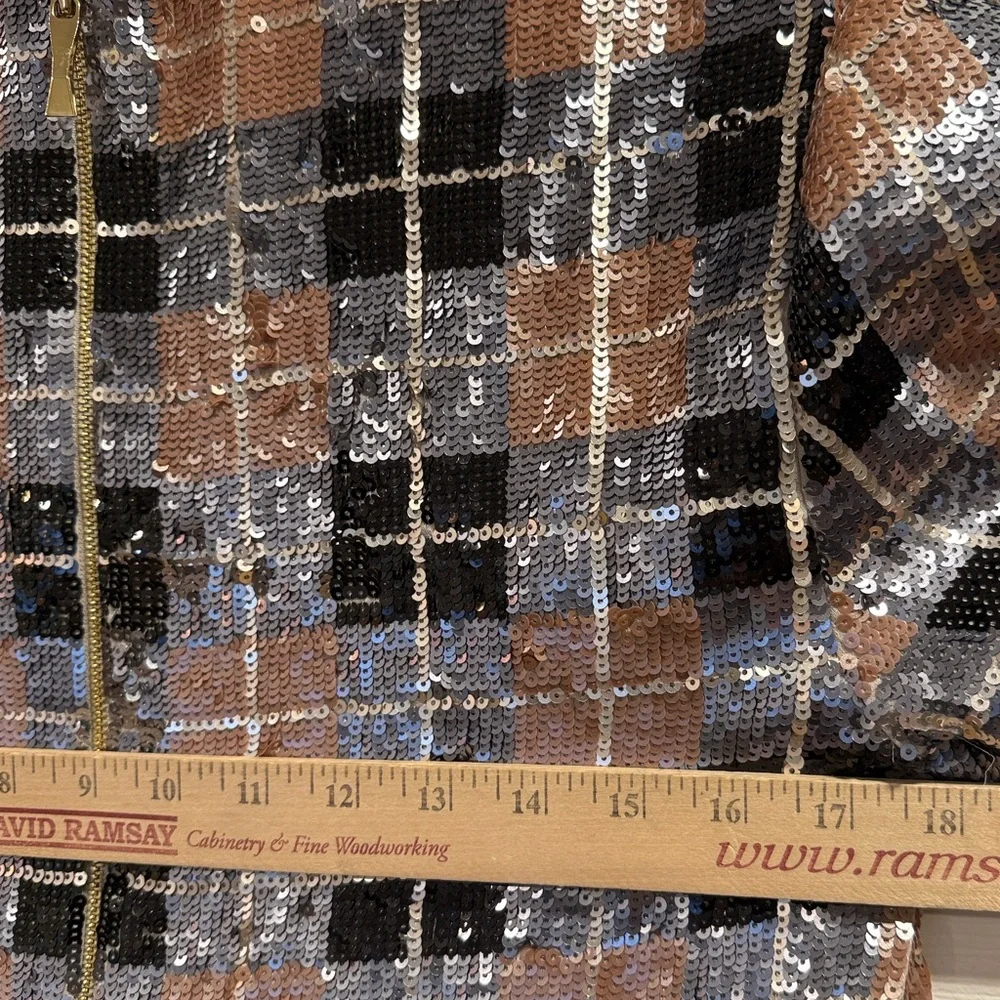 *Kate Spade Sequin Plaid Shift Dress Pumice 6 V Neck Short Sleeve Mini | AT 728